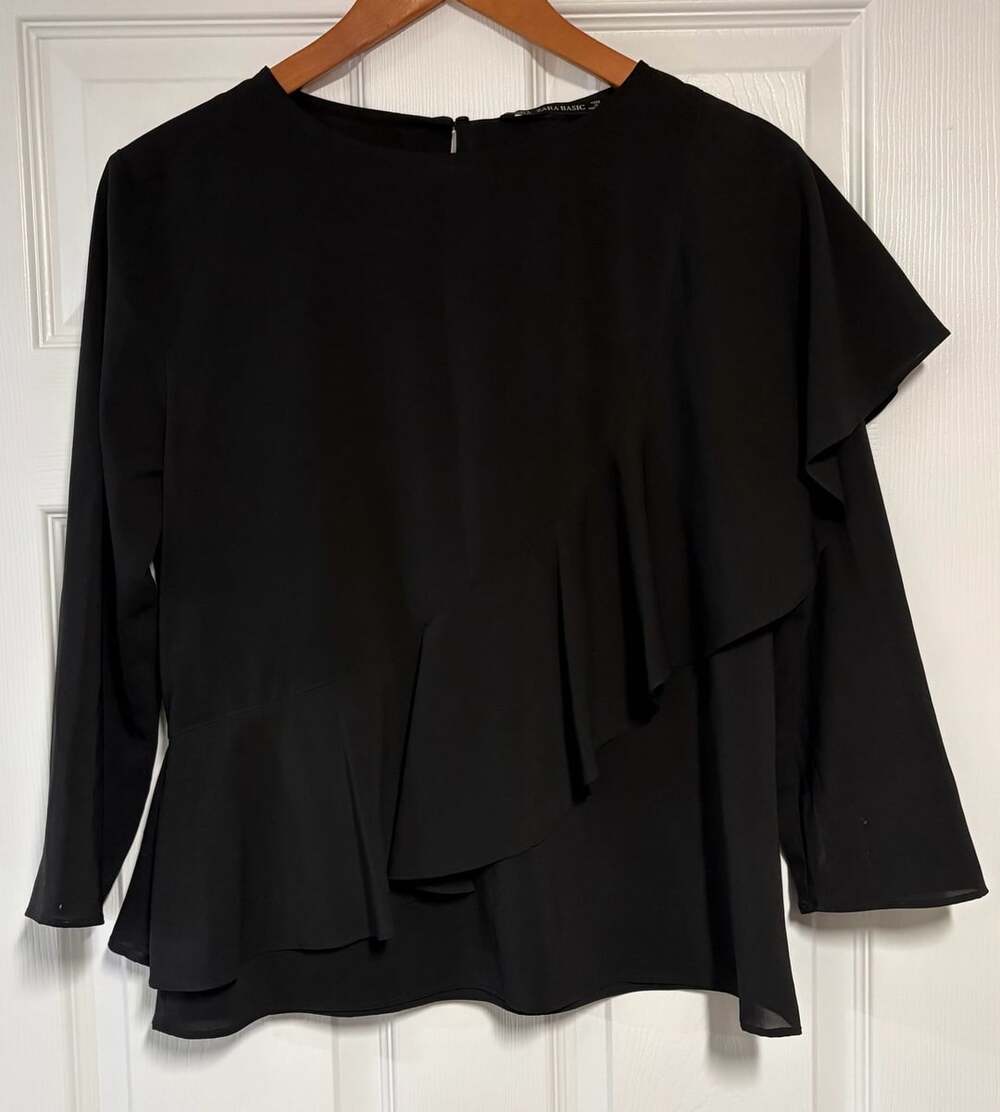 Zara Basic Ruffle Asymmetrical Blouse Size S Black